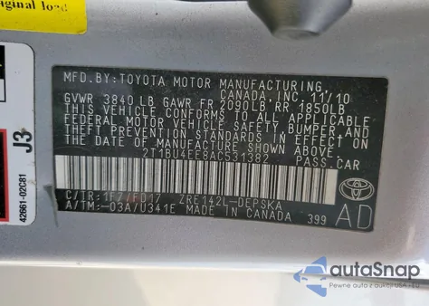 2010 Toyota Corolla Base из США, поврежденный, VIN 2T1BU4EE8AC531382